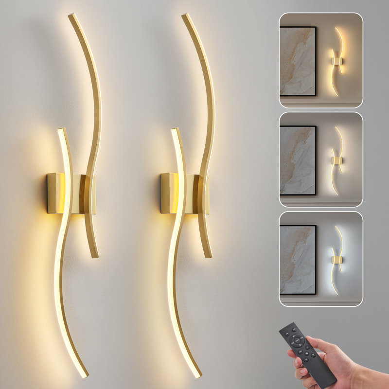 Ensemble de 2 appliques murales à piles avec télécommande, non câblées à DEL encastrées, 23.6 Inch, Laiton brossé