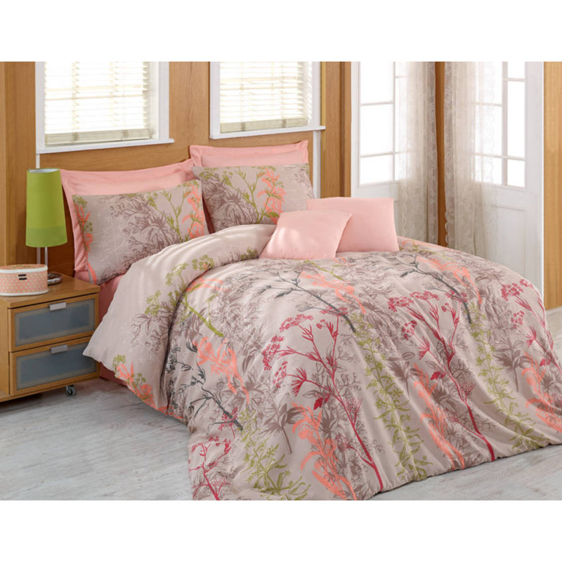 Ensemble de housse de couette de luxe double 100% coton (65% coton / 35% polyester), comprend une housse de couette (78,7 x 86,6 po), un drap plat (86,6 x 94,5 po), 2 taies d'oreiller (19,7 x 27,6 po) | Lavable à la machine, beige élégant, vison, saumo