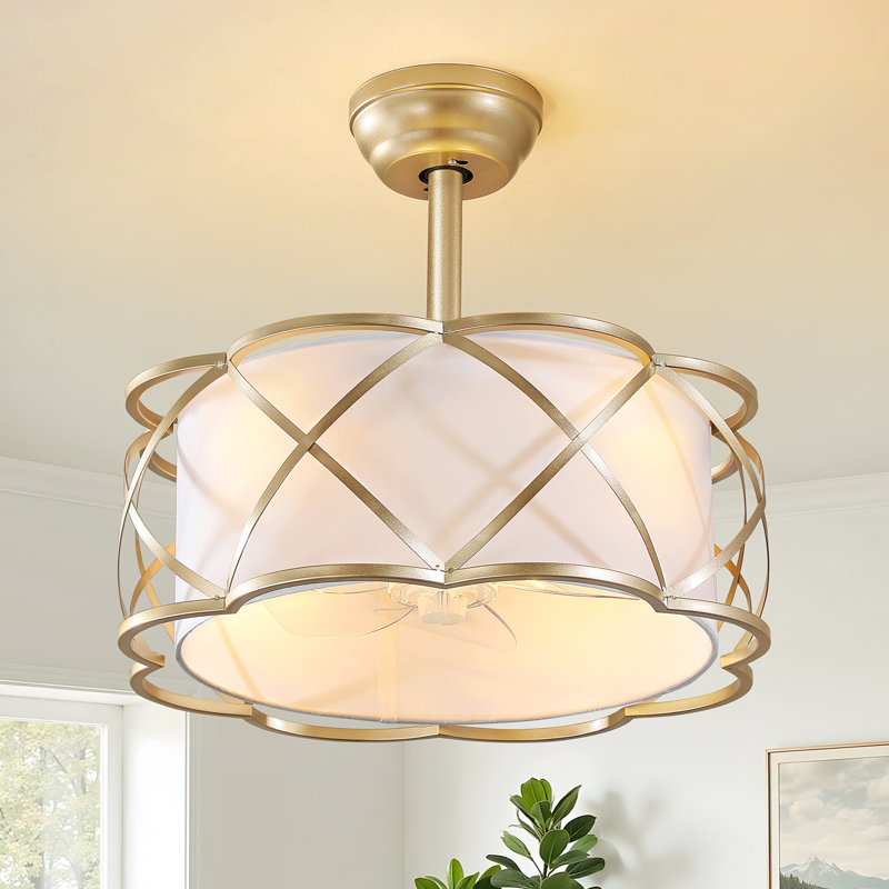 Ventilateur de plafond moderne 19 po avec abat-jour en tissu, ensemble d'éclairage et télécommande, Doré