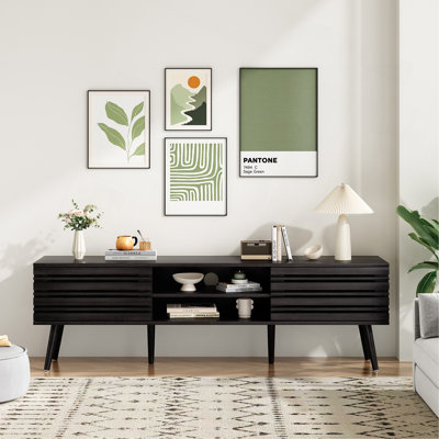 Mid Century Modern TV Stands For Up To 70" TV With Storage, Fluted Wood TV Stand For Living Room, Boho Media Console, Entertainment Center With Cable Management