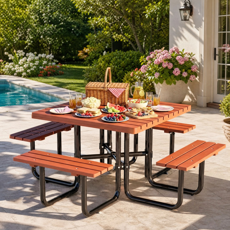 Ensemble de table de pique-nique carrée avec plateau en bois massif et bancs intégrés
