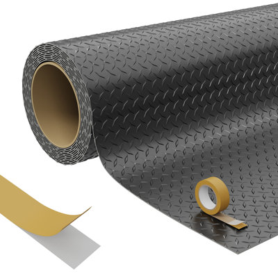 Heavy Duty Diamond Plate PVC Garage Floor Mat – 5x10 ft, 2.0mm Thick, Waterproof Non-Slip Flooring Roll, Double-Sided Tape Included, Cut to Fit, Perfect for Garage, Black 5*10