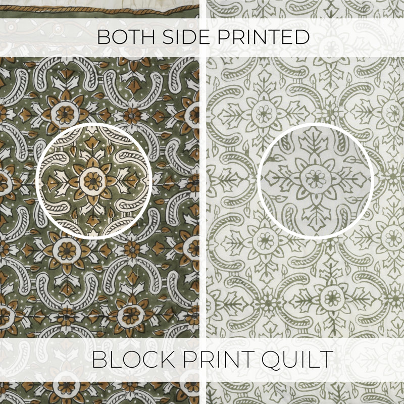 Fabdivine Luxury Block Print Cotton Quilt Floral Boho Bedding for Bedroom & Sofa, King Us, White/Green