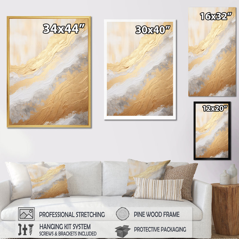 Or minimal et beige abstrait rivière V, Cadre flottant doré, 20" H x 12" W