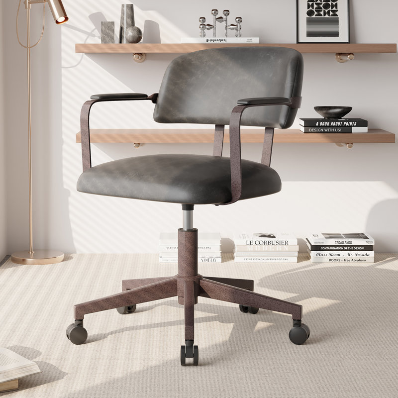 Faux Leather Task Chair with Padded Arms, Black Gray