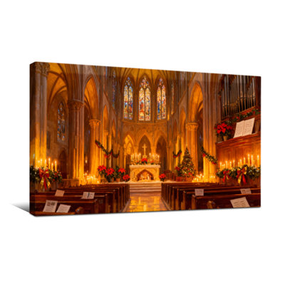 Christmas Church Interior With Stained Glass And Candles