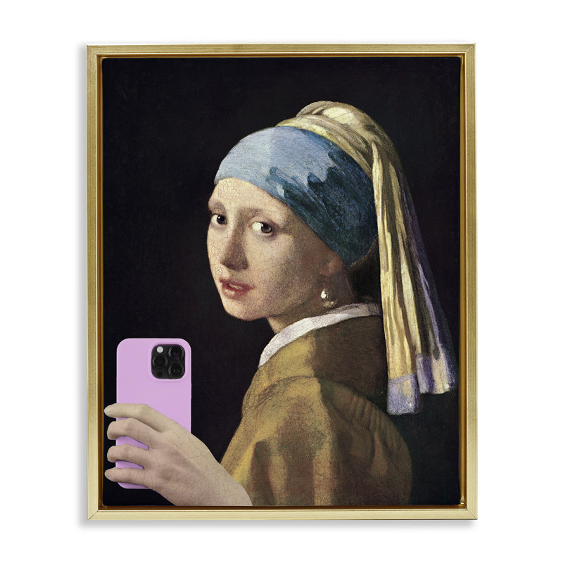 Cadre flottant fille avec téléphone, design par Master Redux, H 31 po x l 25 po, Cadre flottant métallique doré