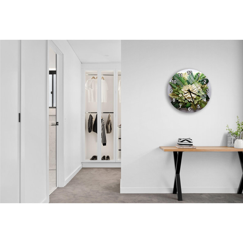 Horloge murale botanique en verre trempé, feuilles vertes et fleur blanche, horloge ronde, art mural moderne, horloge décorative, design minimaliste