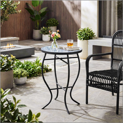 Charming Outdoor Round Side Table With Mosaic-Style Top And Curved Iron Legs, Blue And White Ceramic Tiles