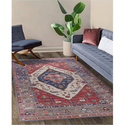 GLN Rugs Collection Vintage - tapis lavable à la machine, tapis lavable rétro, tapis antidérapant, tapis de salon à poils courts, tapis de chambre à coucher, tapis de salle de bain - facile à nettoyer (tapis rouge)