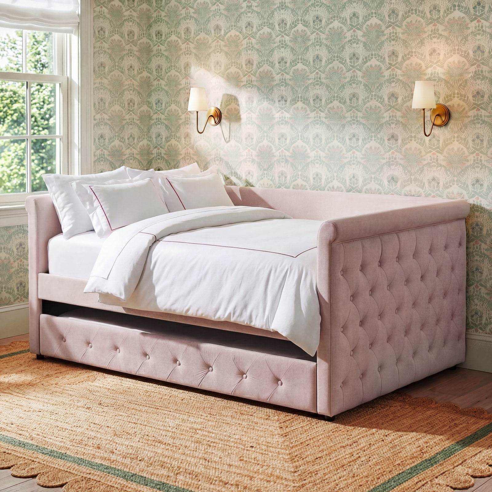 Samitha Upholstered Daybed with Trundle, Queen, Light Beige