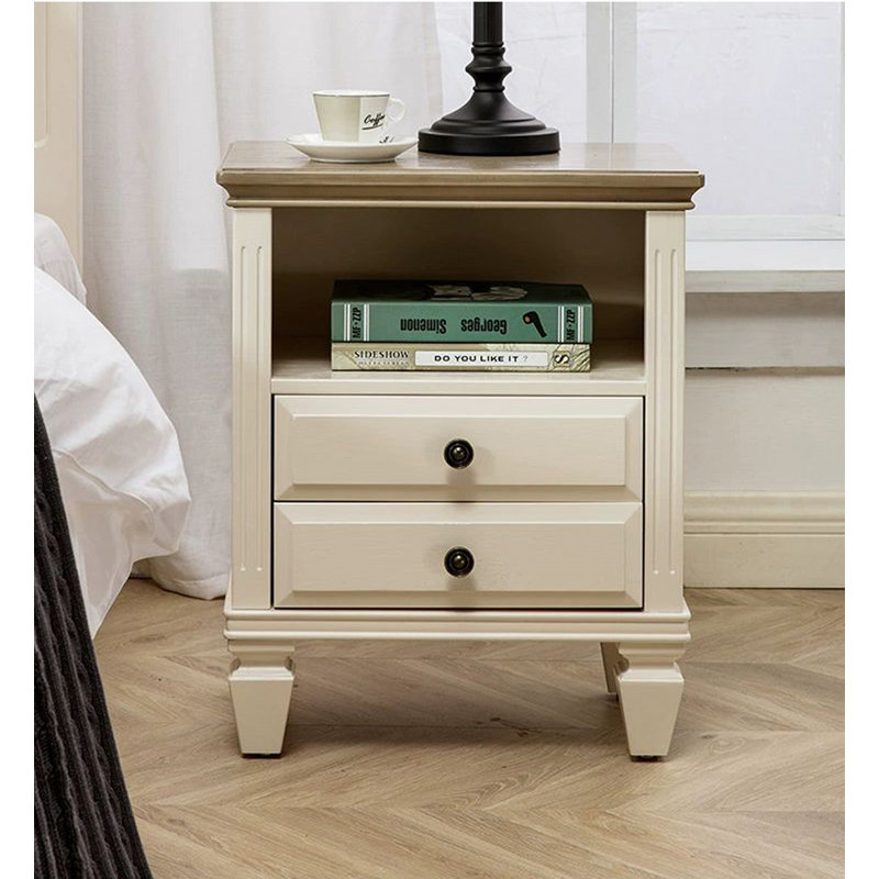 Table de chevet en chêne rouge de style américain, avec deux tiroirs et tablettes ouvertes, pouvant être utilisée dans la chambre à coucher