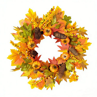 Autumn Wreath Maple Leaf Garland For Thanksgiving Front Door Decoration Rustic Farmhouse Style Fall Maple Leaf Wreath With Pinecone Berries 45Cm/17.7In