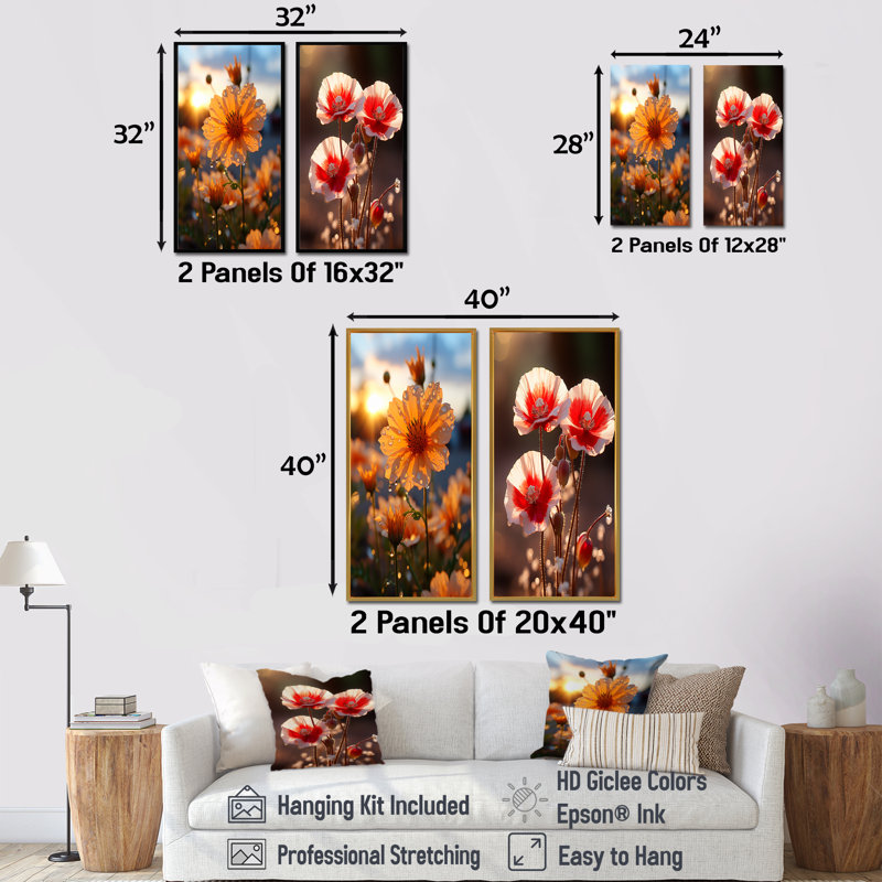 «Gopped Essence Poppies In Radiant Glow I», ensemble de 2 reproductions d'art mural coquelicots, Cadre blanc