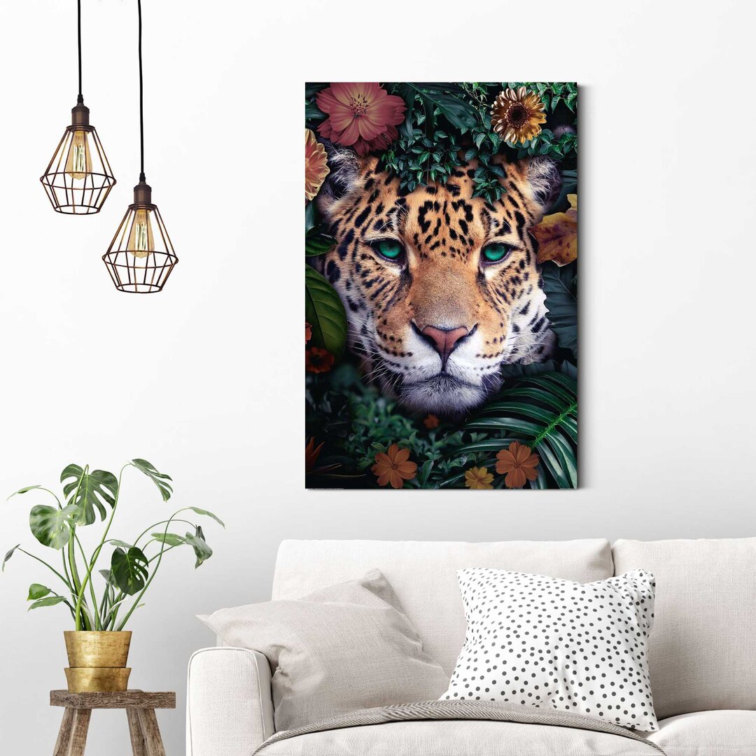 Wandbild Deko Panel Leopard Blumenkranz - Jungle - Farbenfroh