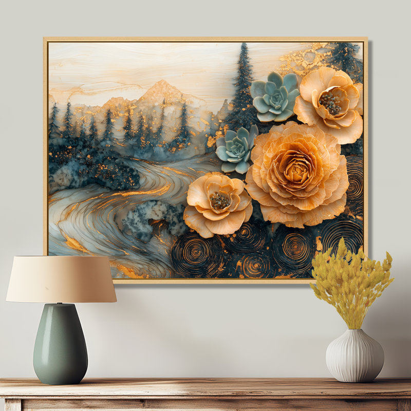 Moheez en bois fleurs succulentes dans la rivière paysage II - art mural succulent, H 24 po x l 32 po, Crème, crème