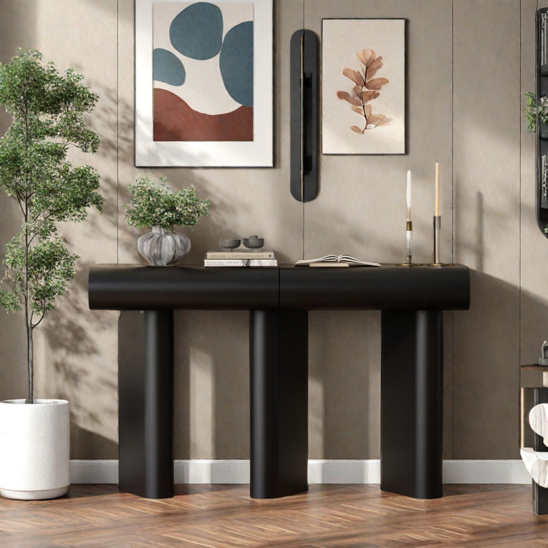 Modern Console Table with 2 Drawers, High Gloss Finish Entryway Table with Arc Legs, Storage Cabinet with Smooth Drawer Slides, for Living Room, Hallway, or Vanity Use