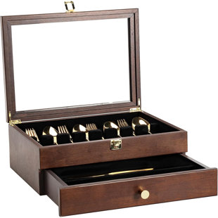 Fine Silverware Box With Glass Lid, 2-Layer Wooden Silverware Chest With Drawer,2 Layer
