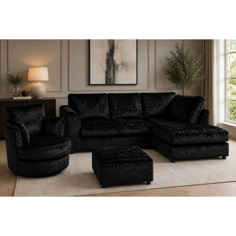 4 Seater Velvet Sofa & Chaise, Black