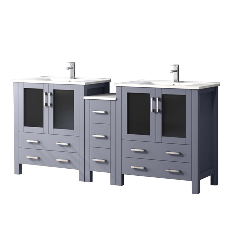 72 po W Double meuble-lavabo gris foncé, armoire latérale, comptoir en céramique blanche, robinet, tiroirs et armoires à fermeture en douceur, deux meubles de rangement à l'épreuve des égratignures, largeur, finition grise,