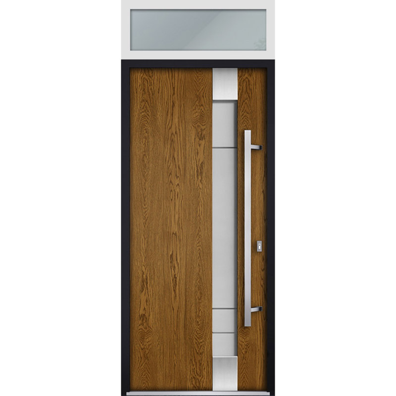 Porte avant en acier pré-suspendue à l'avant / deux en chêne naturel 1713 / fenêtre extérieure à dessus blanc / inserts en acier inoxydable simples peints modernes - l 36 po x H 80 + 16 po - Gauche