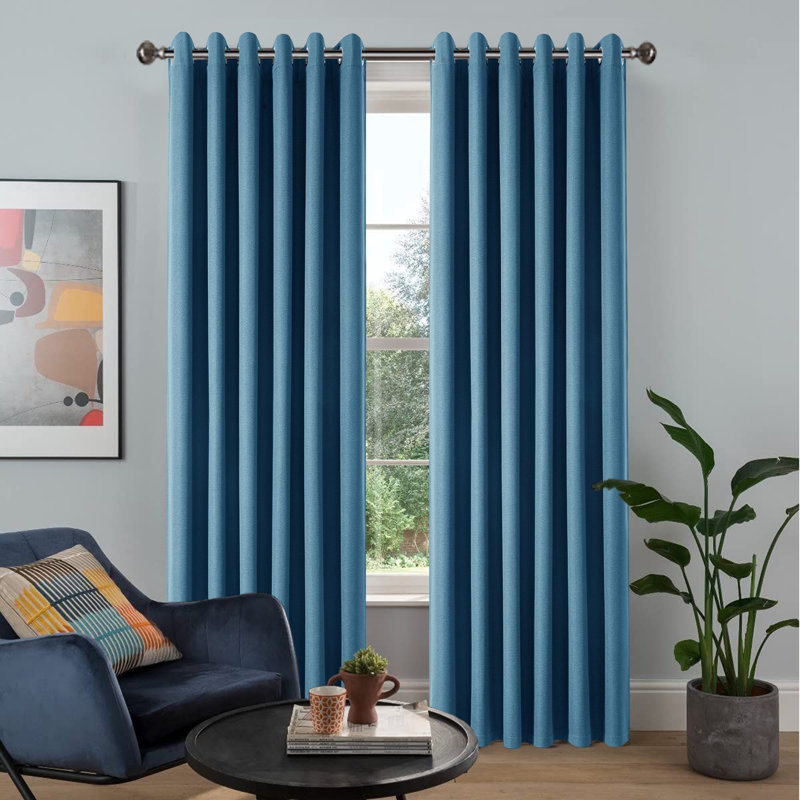 Luxurious A28 Linen Blackout Eyelet Curtains (Set of 2), Blue, 168cm Width x 183cm Drop