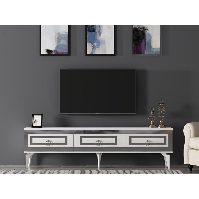 Meuble télé élégant, blanc et argent, 70,9 po x 17,6 po x 11,6 po | 100% panneau de particules enduit de mélamine, épaisseur: 0,7 pouce | Conception moderne pour le salon, solution de rangement durable et élégante