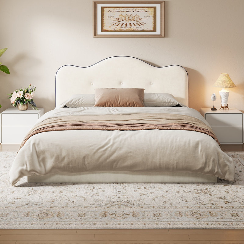 King Size Upholstered Platform Bed, Beige