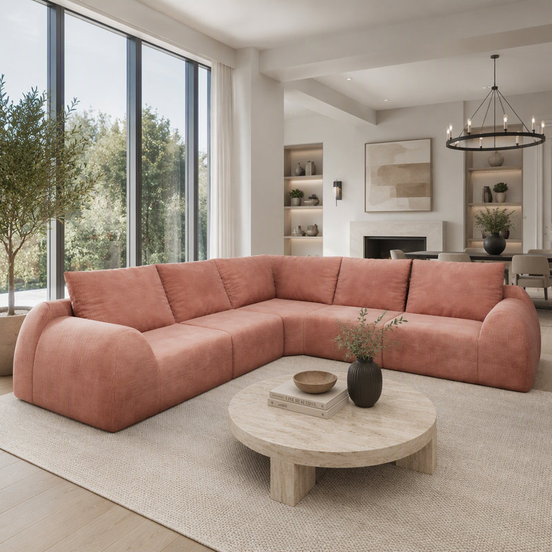 Oswaldo Upholstered " Chenille Sectional, 5 Seat, Pink