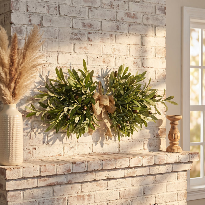Ornement de branche d'olivier artificiel avec nœud en toile de jute, couronne de verdure artificielle pour porte d'entrée, décor de maison de campagne, de porte et de foyer