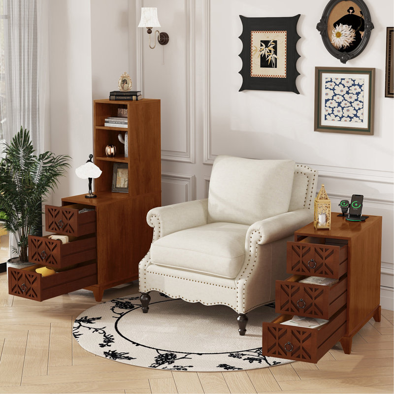 Table de bout avec 3 tiroirs, table de coin avec 2 tablettes ouvertes, table d'appoint haute pour chambre à coucher et coin