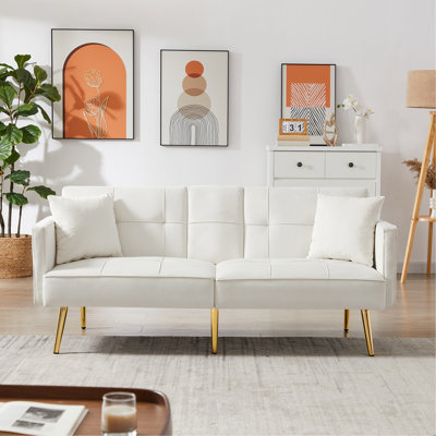 Cream White Velvet Futon Sofa Bed With Gold Metal Legs