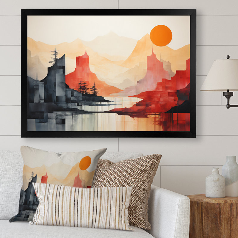 " Red Black Abstract Mountain Landscape ", Black Single Picture Framed, 24" H x 32" W x 1" D