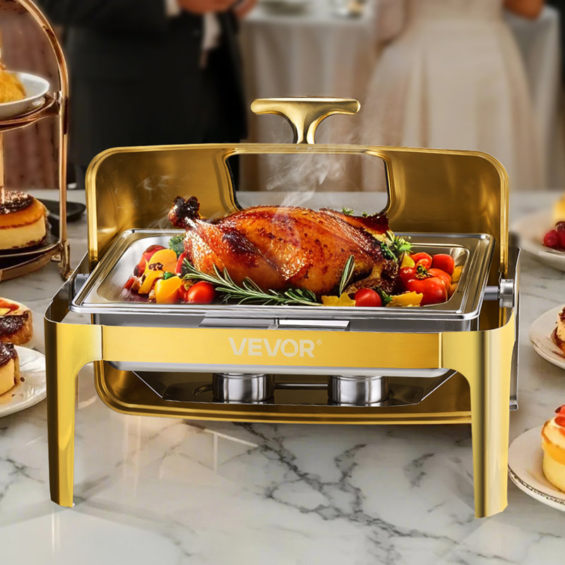 9Qt Rectangle Roll Top Chafing Dish Set with Full-Size Pan Stainless Steel, Gold