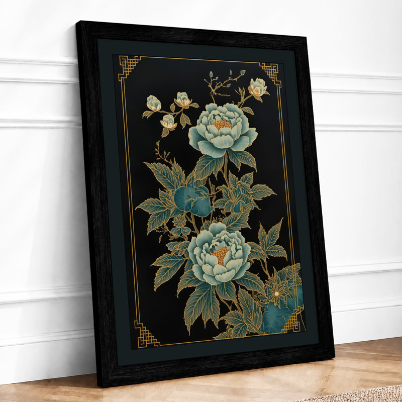 Peonies and Gold Botanical - Framed Print, A1 - 84.1 x 59.4 cm, Black