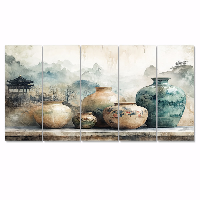 «Blue China and Orange China Pottery Tranquility II - Boho Pottery», ensemble de reproduction d'art mural, H 28 po x l 60 po