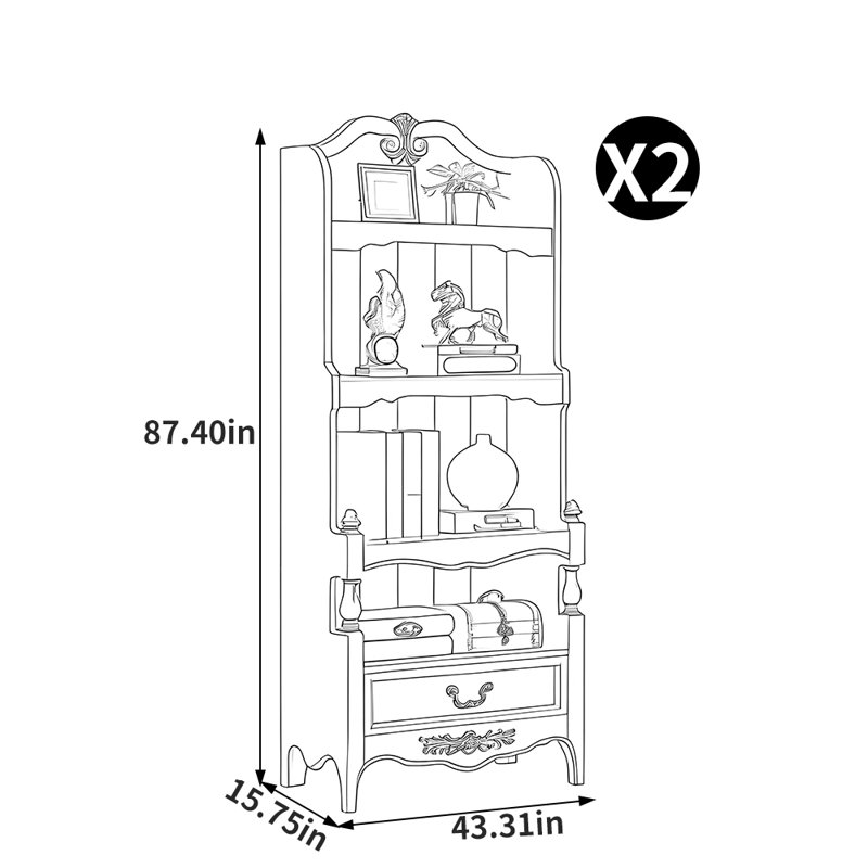 Bibliothèque luxueuse de style européen, (5 tablettes) H 87,40 po x l 43,31 po x P 15,75 po