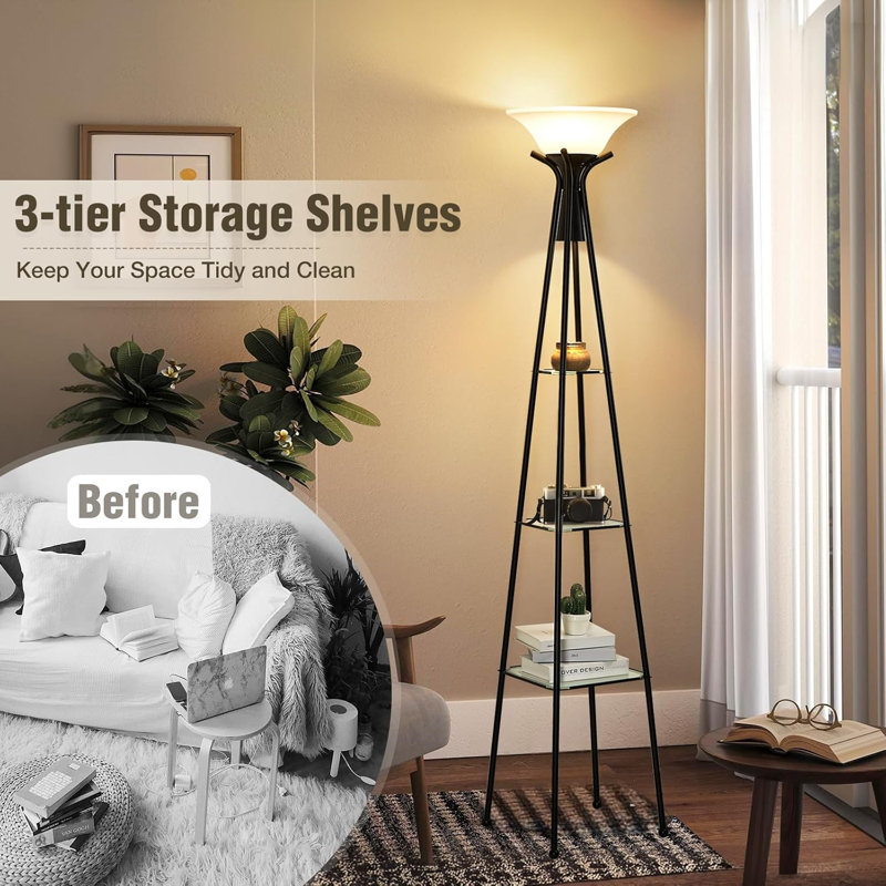 69" Industrial Floor Lamp With 3-Tier Glass Shelves, Black Standing Lamp With Plastic Shade, 3 Color Temperatures, Remote Control, For Living Room, Bedroom, Office