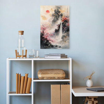 Red Sun Cherry Blossom Falls Peaceful Serene Tranquil Cherry Landscape Mountain Wall Art Print