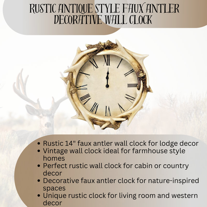 Resin Rustic Wall Clock Faux Antler Design 14''