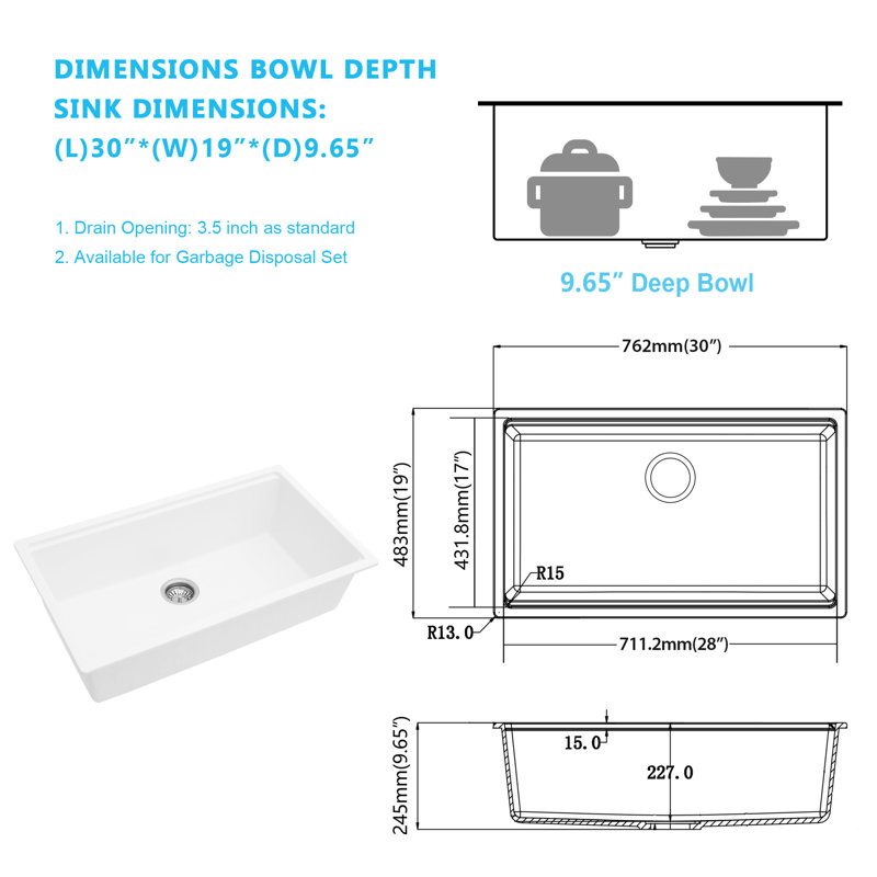 30''L x 19''W Quartz Undermount Workstation Kitchen Sink, White Granite Composite Single Bowl Kitchen Sink with Sink Grid, Strainer, Cutting Board and Roll-up Rack