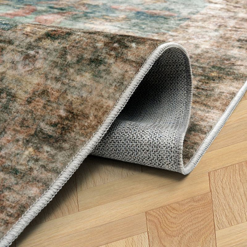 Tapis vintage lavable à la machine avec dossier antidérapant - bleu, Rectangulaire 8 pi x 10 pi