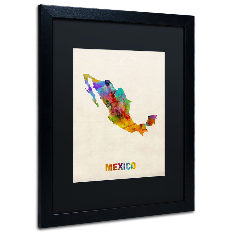 « mexico aquarelle map » par michael tompsett, impression encadrée, Noir, H 20 po x l 16 po
