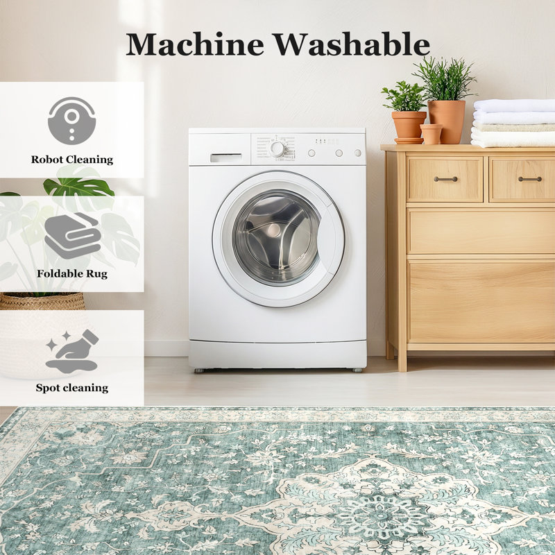 Oriental Inspired Vintage Machine Washable Area with Non-Slip Backing for High Traffic Area, Living Room, Bed Room, Kitchen, Hallway, Entryway Rug