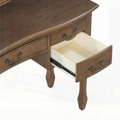 Vintage Makeup Vanity with Curved Flower Frame Mirror, Elegant Dressing Table with 5 Drawers and Leather Stool for Bedroom
