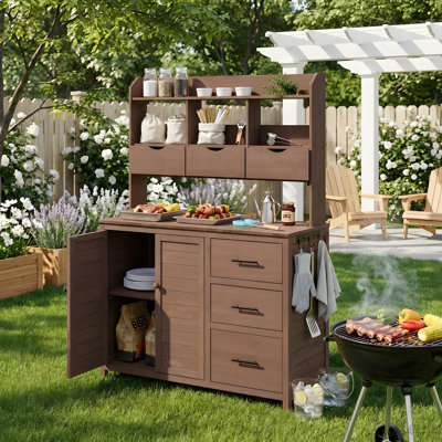 Banc de rempotage de ferme Farmhouse, grand poste de travail de jardin autoportant de 44,6 po x 19,5 po avec 6 tiroirs, armoire inférieure et crochet latéral, îlot de cuisine extérieur