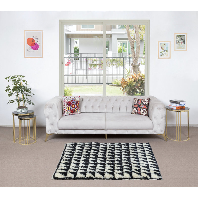 Tapis moderne fabriqué à la main en laine noire et beige, petit tapis à poils longs Triangle