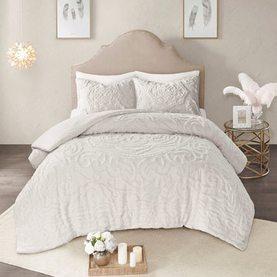 Housse de couette en chenille 100% coton 3 très grands / très grands - Médaillon gris avec