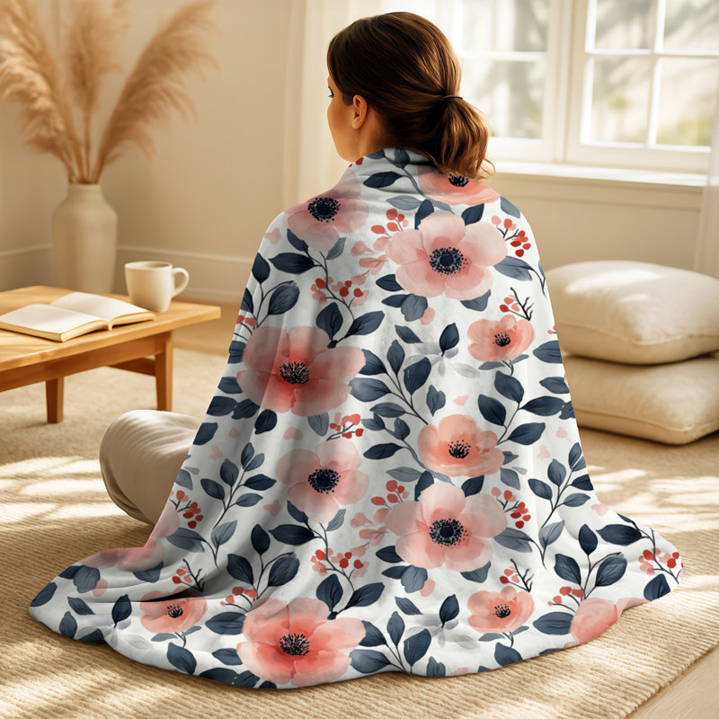 Jeté Botanical Flower Garden I - Black Floral Soft Teens, jeté en peluche moderne