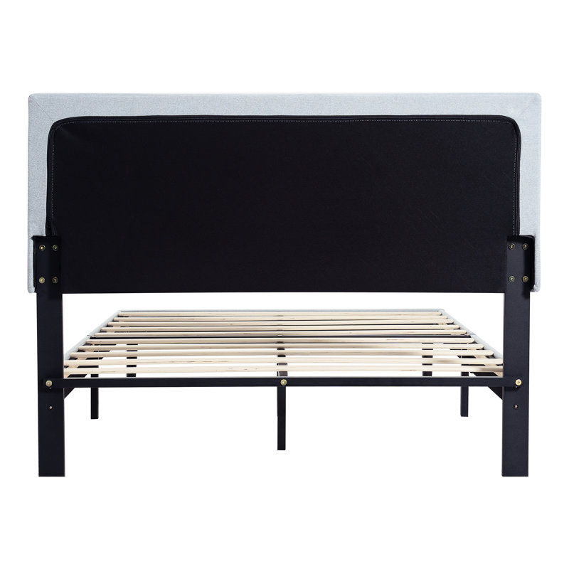 Lit simple tapissier avec tête de lit en lin, pas de sommier tapissier, lattes en bois, assemblage facile, gris, s'adapte à toutes les marques de matelas, plateforme moderne de 300 lb